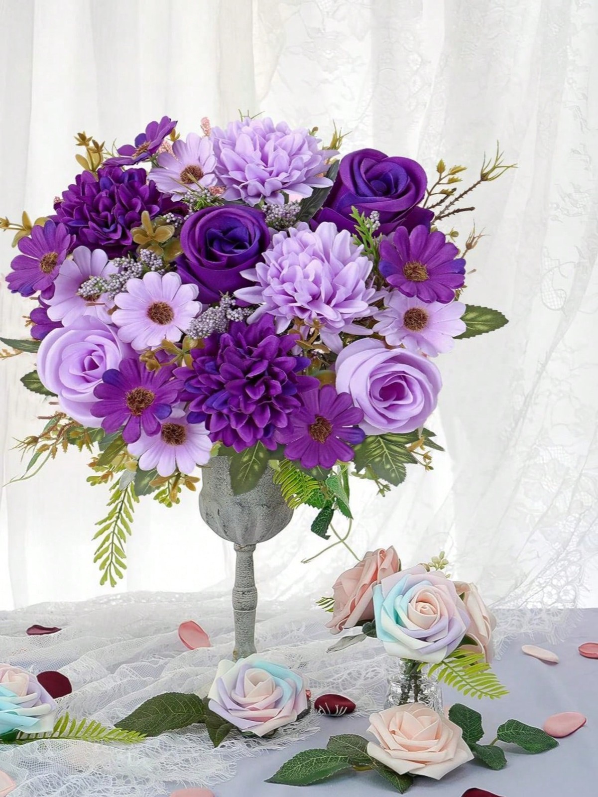 Purple Artificial Silk Flower Bouquet 3 Pieces For Wedding Home Decor