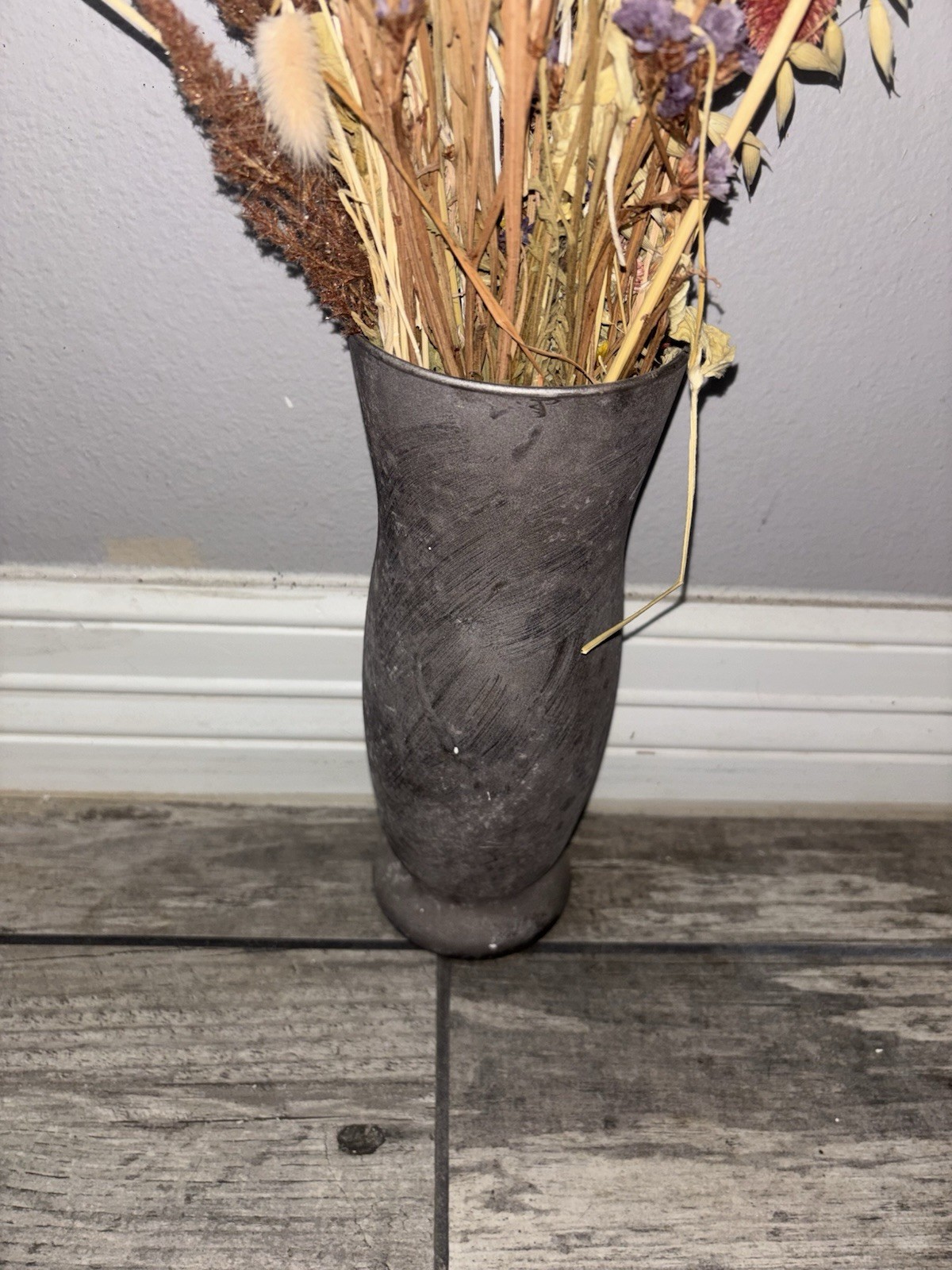 Fresh Dried Flower Arrangement in Gray Vase with Brown, Yellow, Purple, Cream