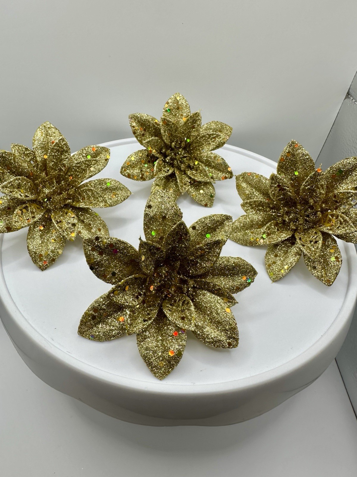Designer Champagne Gold Poinsettia Clip On Christmas Decoration Flower (4)