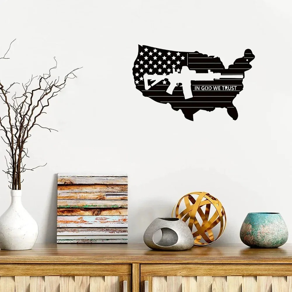 Retro American Flag Submachine Gun Metal Wall Art – Army Home Decor