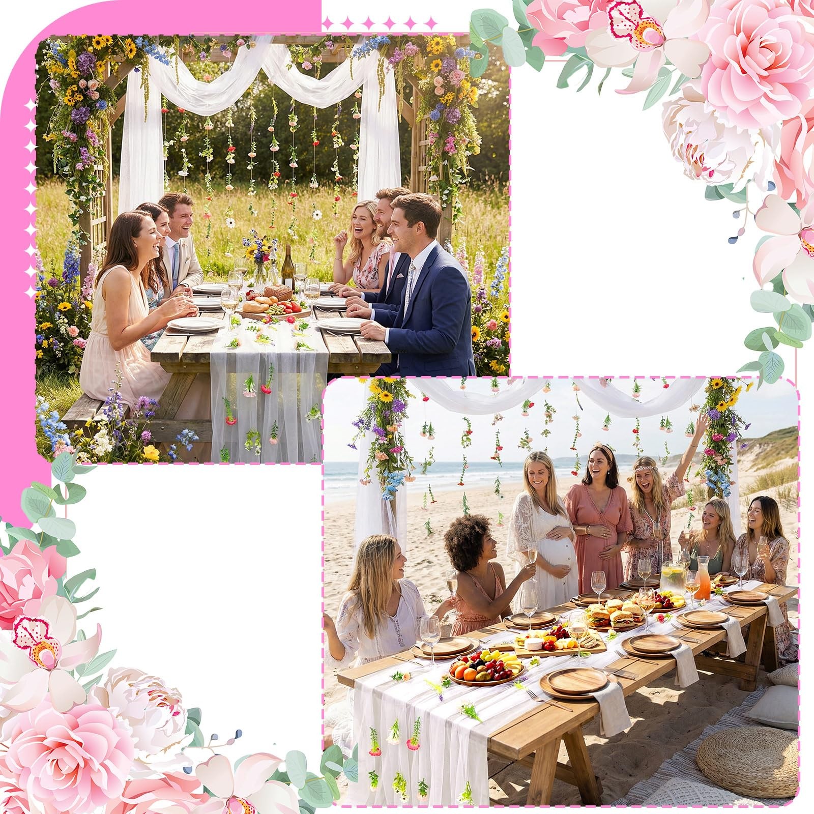 6 Pcs 35.4 Inch Artificial Wildflower Garlands with 3 Pcs 10 Ft Wedding Tulle…