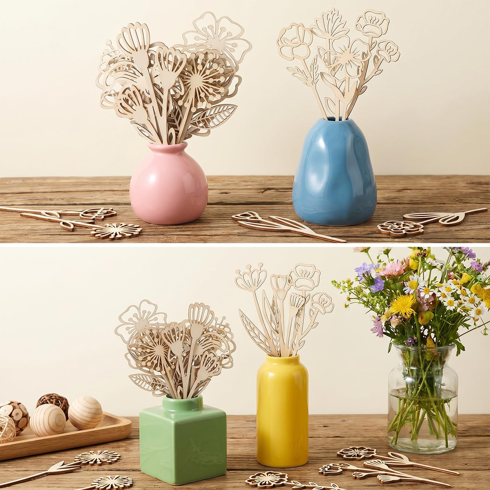 16Pcs Wooden Flowers, Wood Wildflower Decor Set, Wooden Flowers for Crafts Wo…
