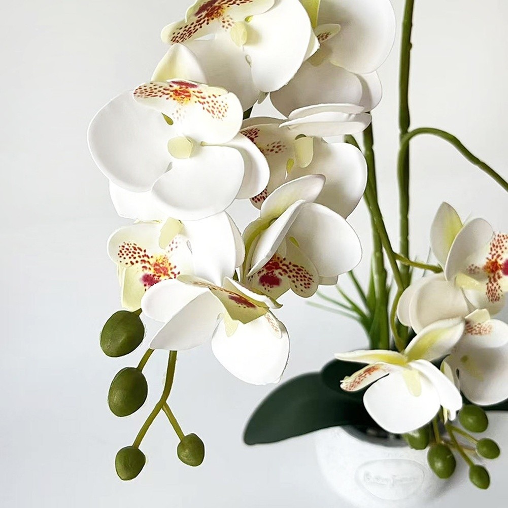 24-Head Artificial Orchid with Delicate Buds and Leaves in Speckled Pot