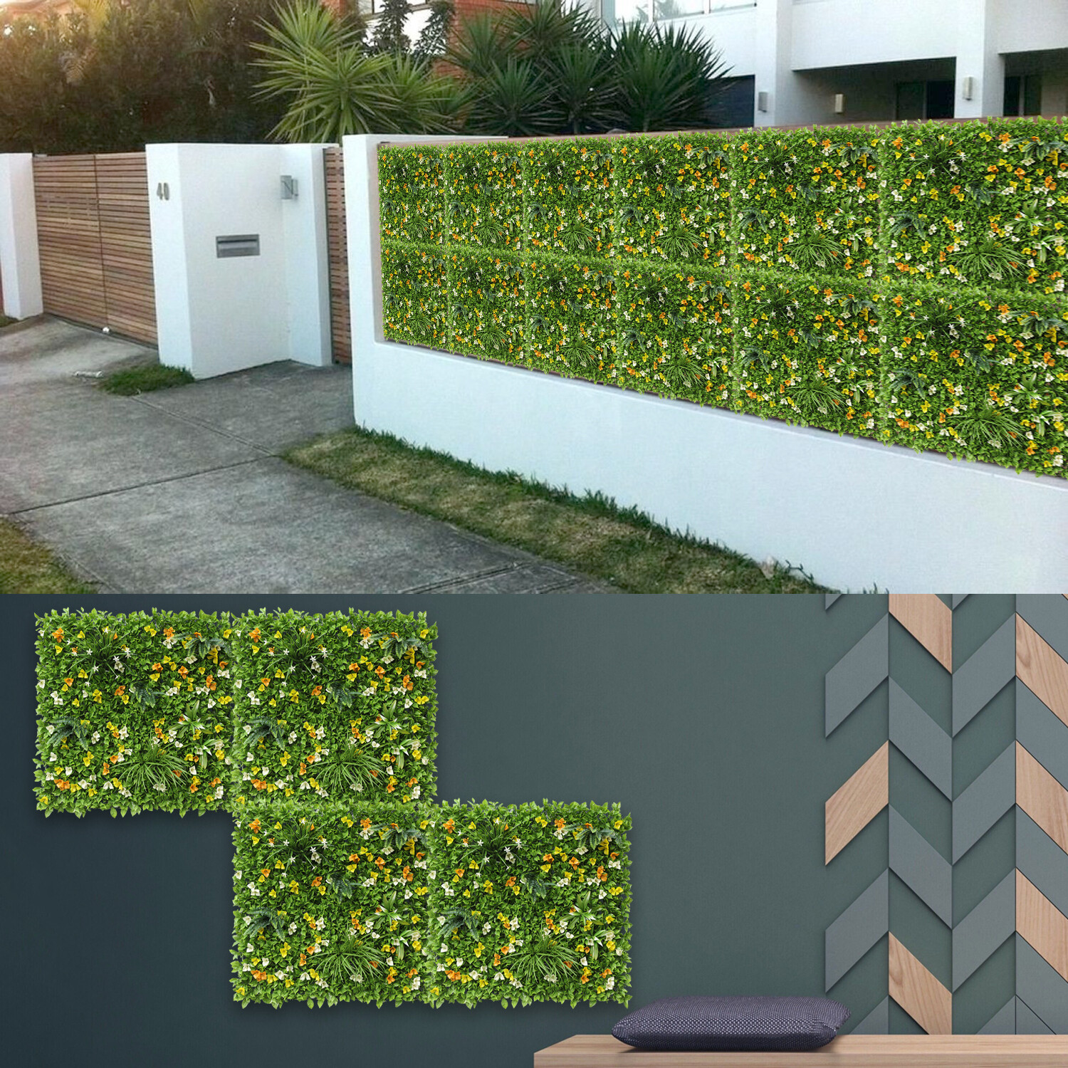 40 Inch 3D Artificial Boxwood Wall Hedge Mat Panels Outdoor Grass Fence Style#6