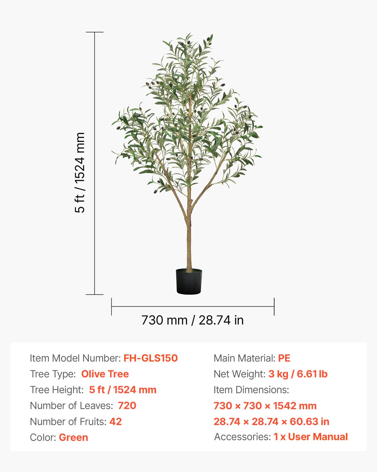 VEVOR 5FT Artificial Olive Tree Tall Fake Plant with Black Pot for Home Office