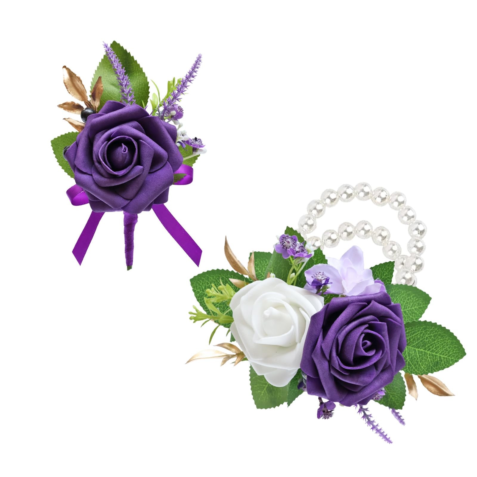 2Pcs Dark Purple Corsage and Boutonniere Set,Artificial Foam Rose,Groom Bouto…