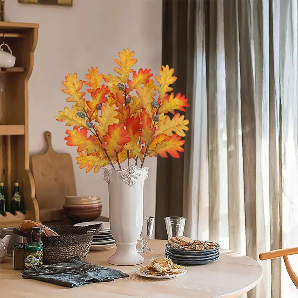 5 Pcs Artificial Fall Oak Leaves Stems 19.6” Fake Autumn Foliage Orange#2