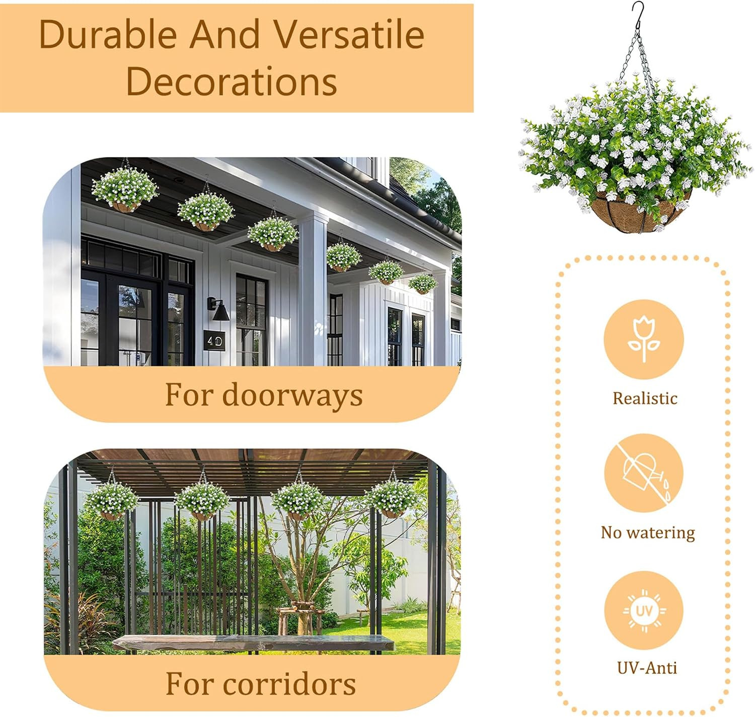 Realistic UV Resistant Artificial Hanging Flower Basket for Outdoor Decor