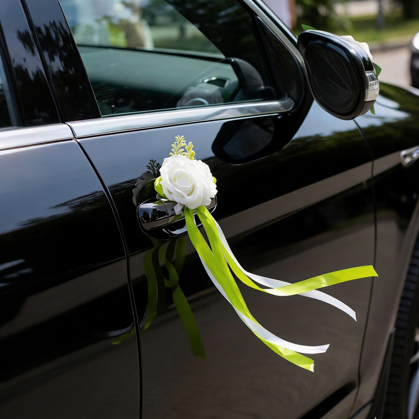 6 PCS White Rose Peony Wedding Car Decor Kit Floral Door Mirror Bows Green