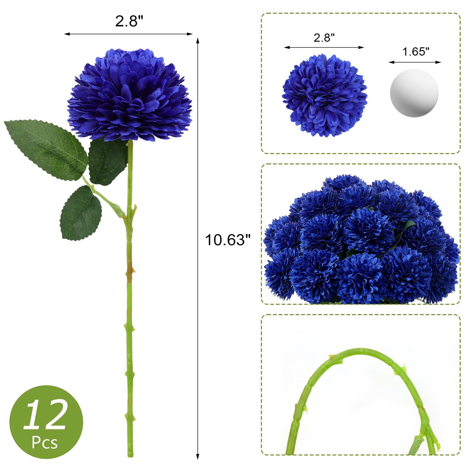 12 PCS Blue Artificial Chrysanthemums Ball Flowers Silk Fake Mums Decor