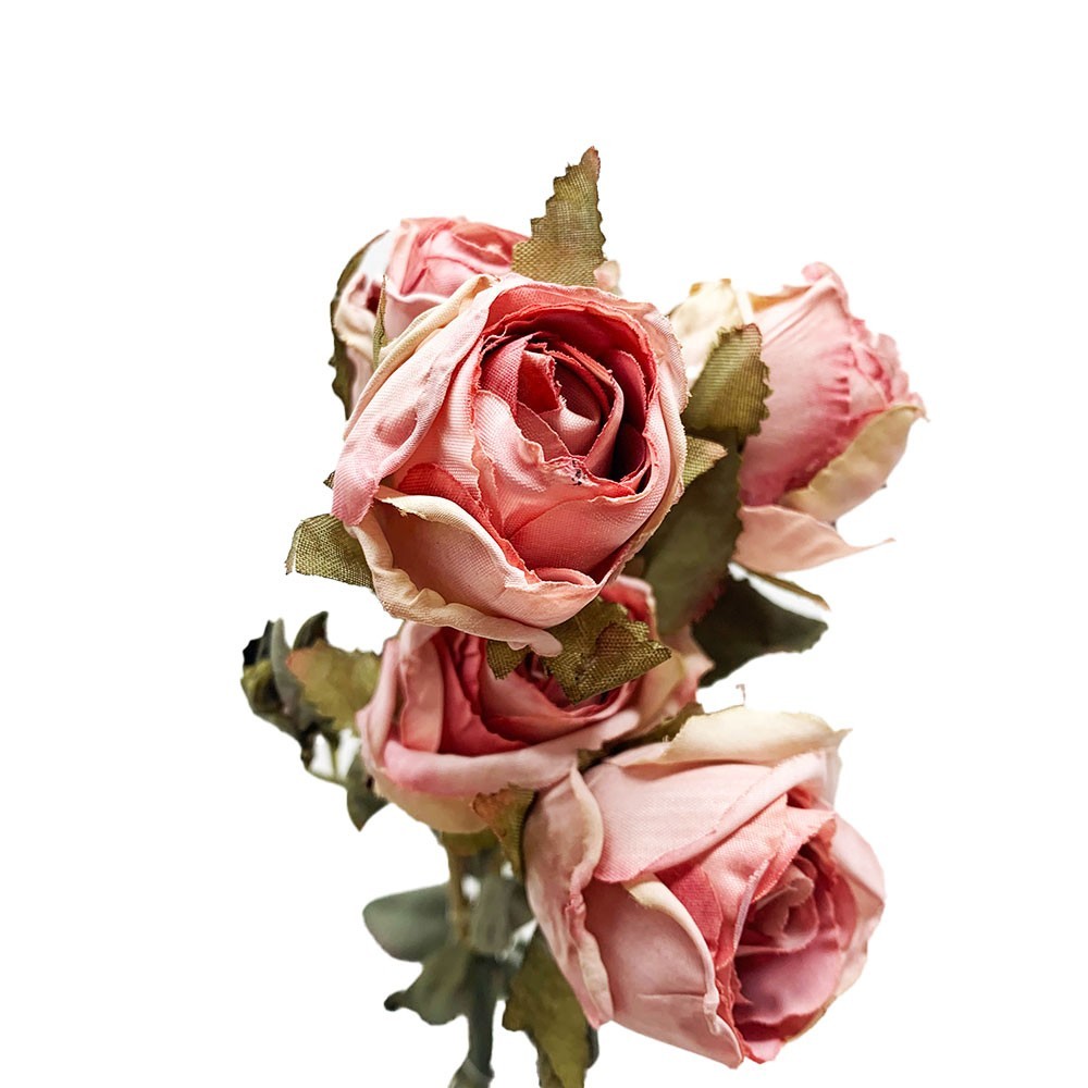 Dry Look Faux Silk Rustic Rose Flower and Leaf Stem 5 Heads 43cm/17in Pink