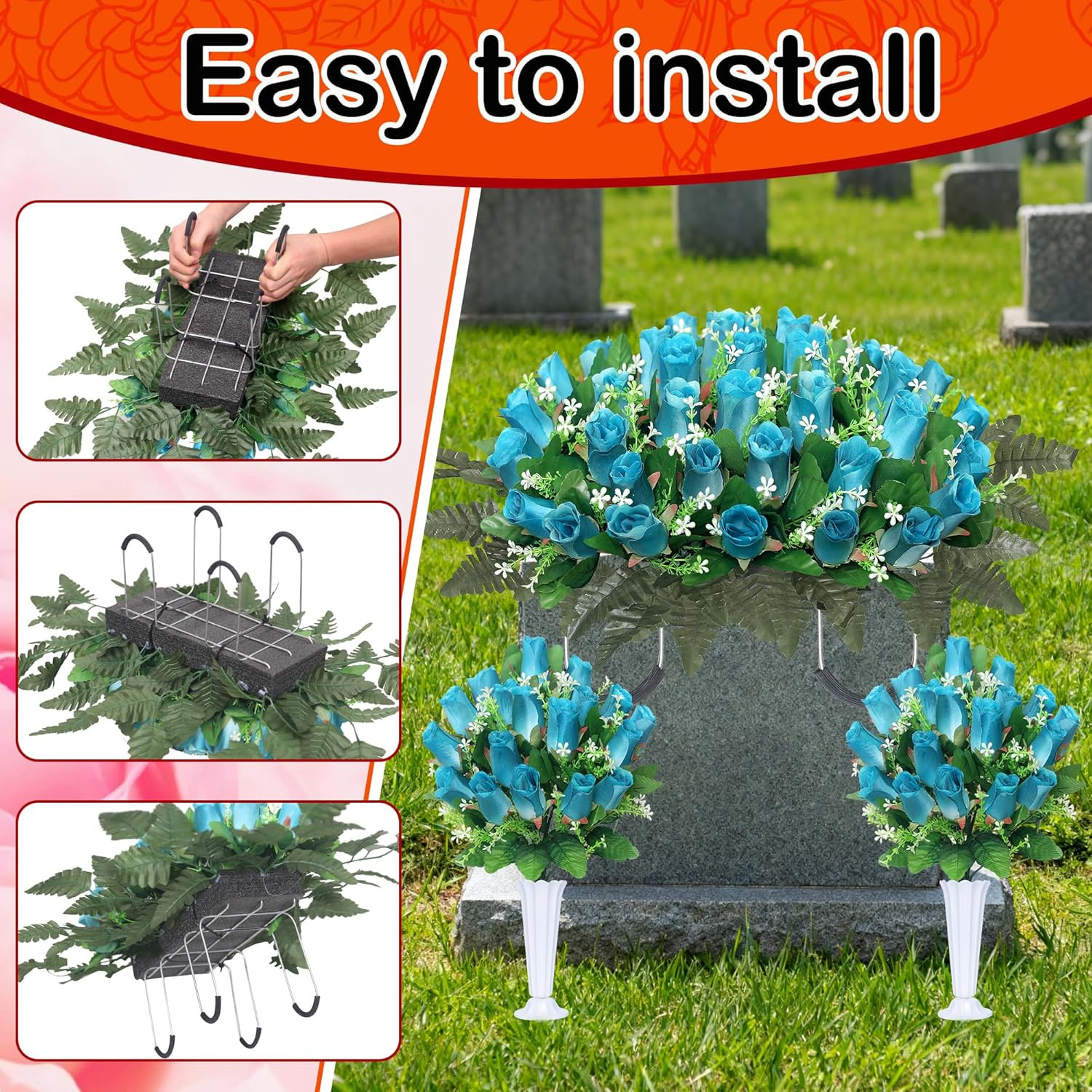 Deep Blue Artificial Cemetery Flowers – 3 Sets for Grave Decoration