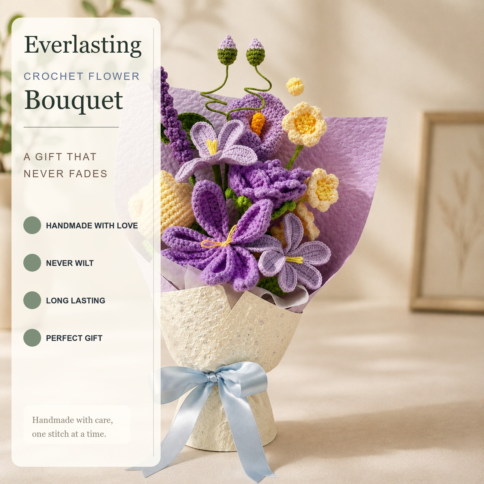 Purple Crochet Flower Bouquet with Vase Birthday Gift Decor