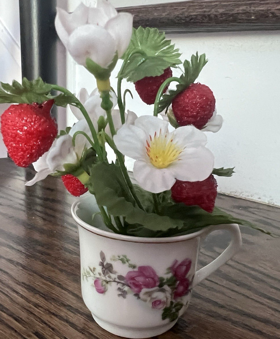 Porcelain Artificial Strawberry Floral Arrangement in Teacup Cottage Core Decor