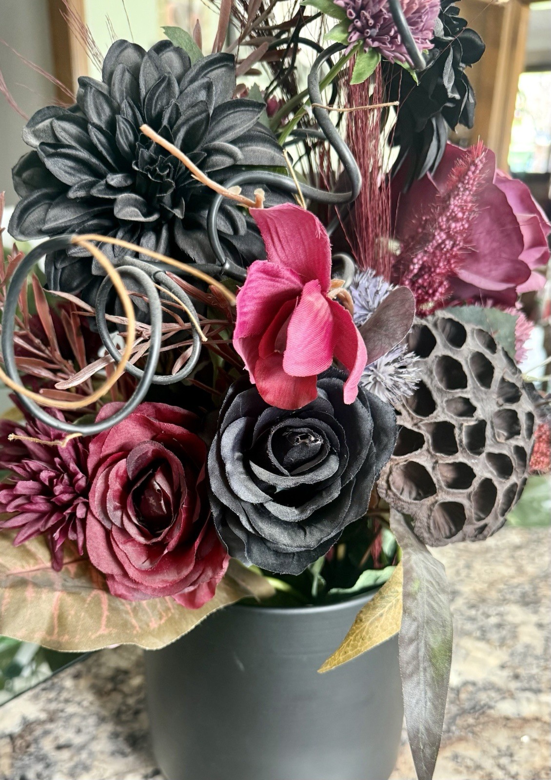 Pink Black Rose Centerpiece Floral Arrangement Art Decor Living Dining Beehive