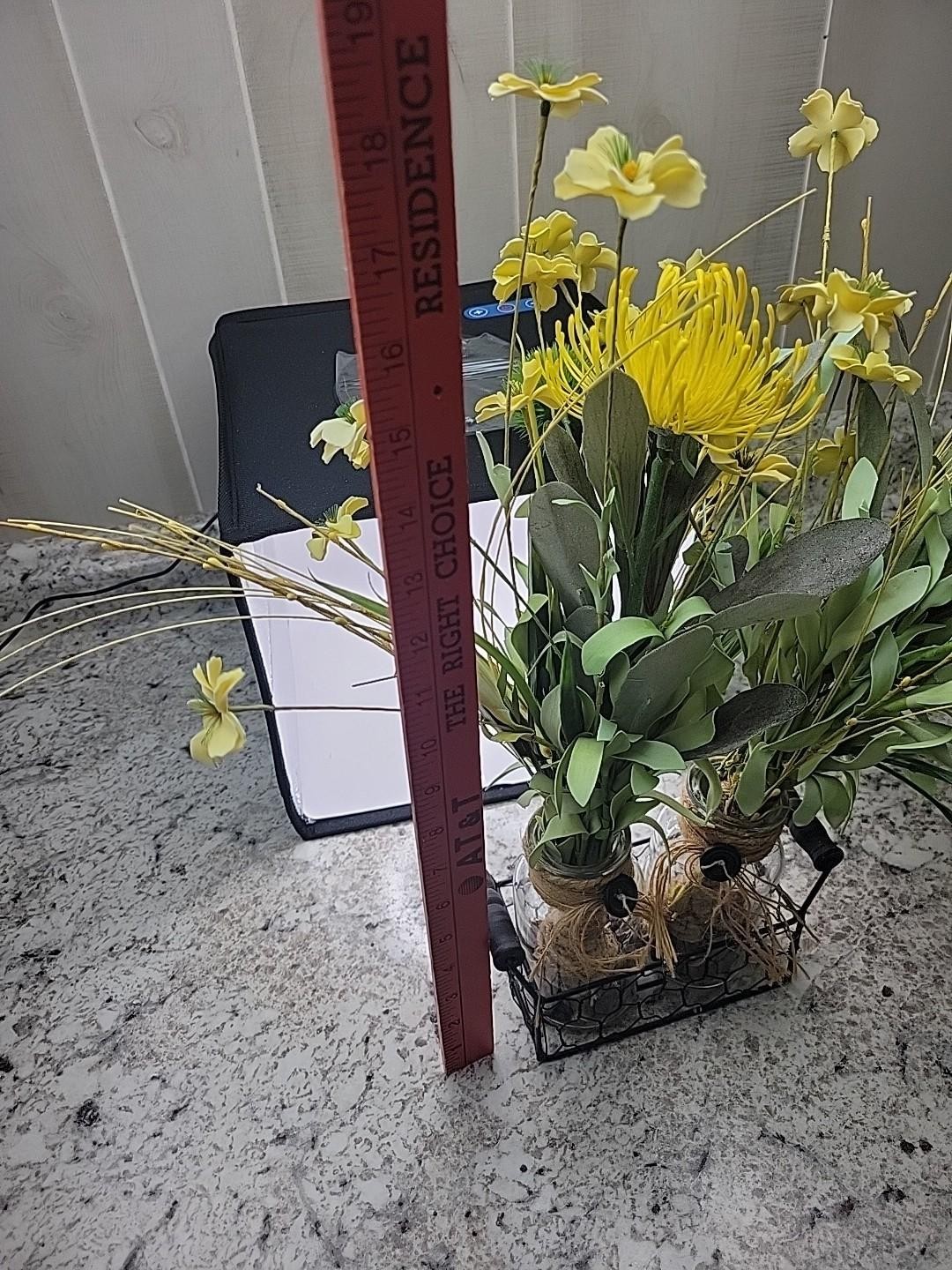 Farmhouse Yellow Artificial Flower Arrangement Glass Jars Metal Caddy Rustic…