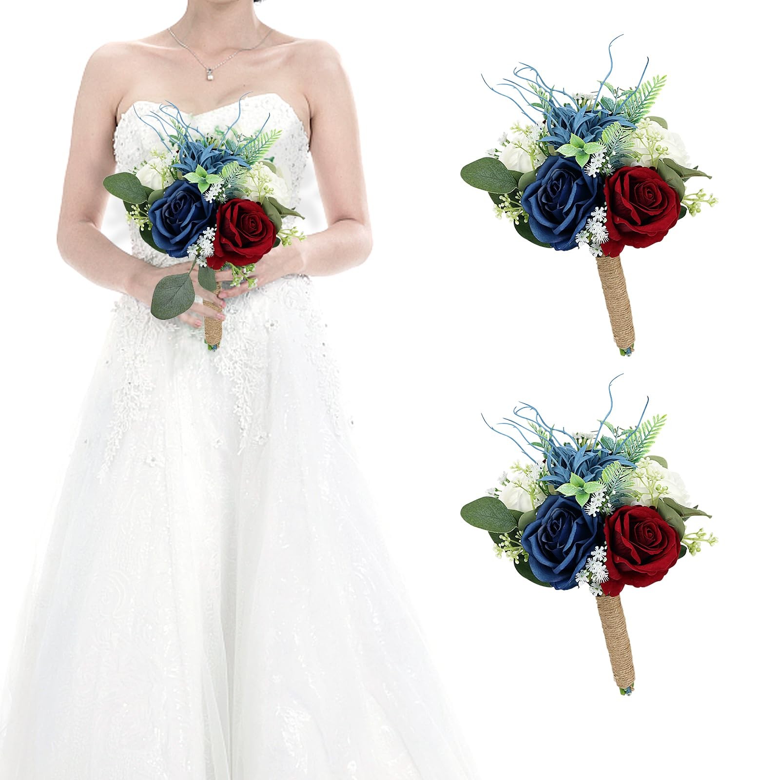 Set of 2 7-Inch Bridesmaid Bouquets, Burgundy, Navy Blue, White, Artificial