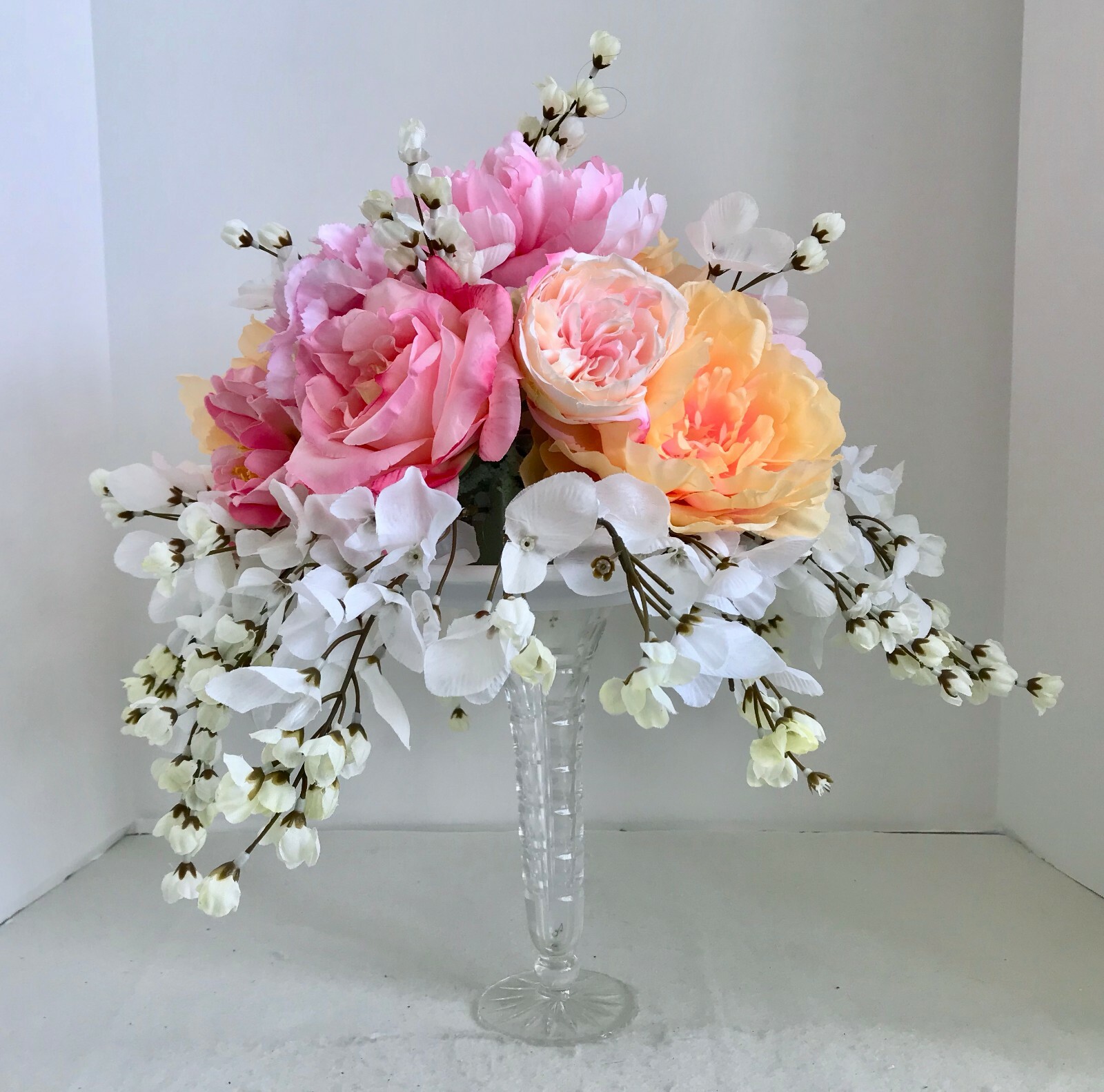 Floral Arrangement Centerpiece Multi-Colored Silk Flowers Cut Glass Vase