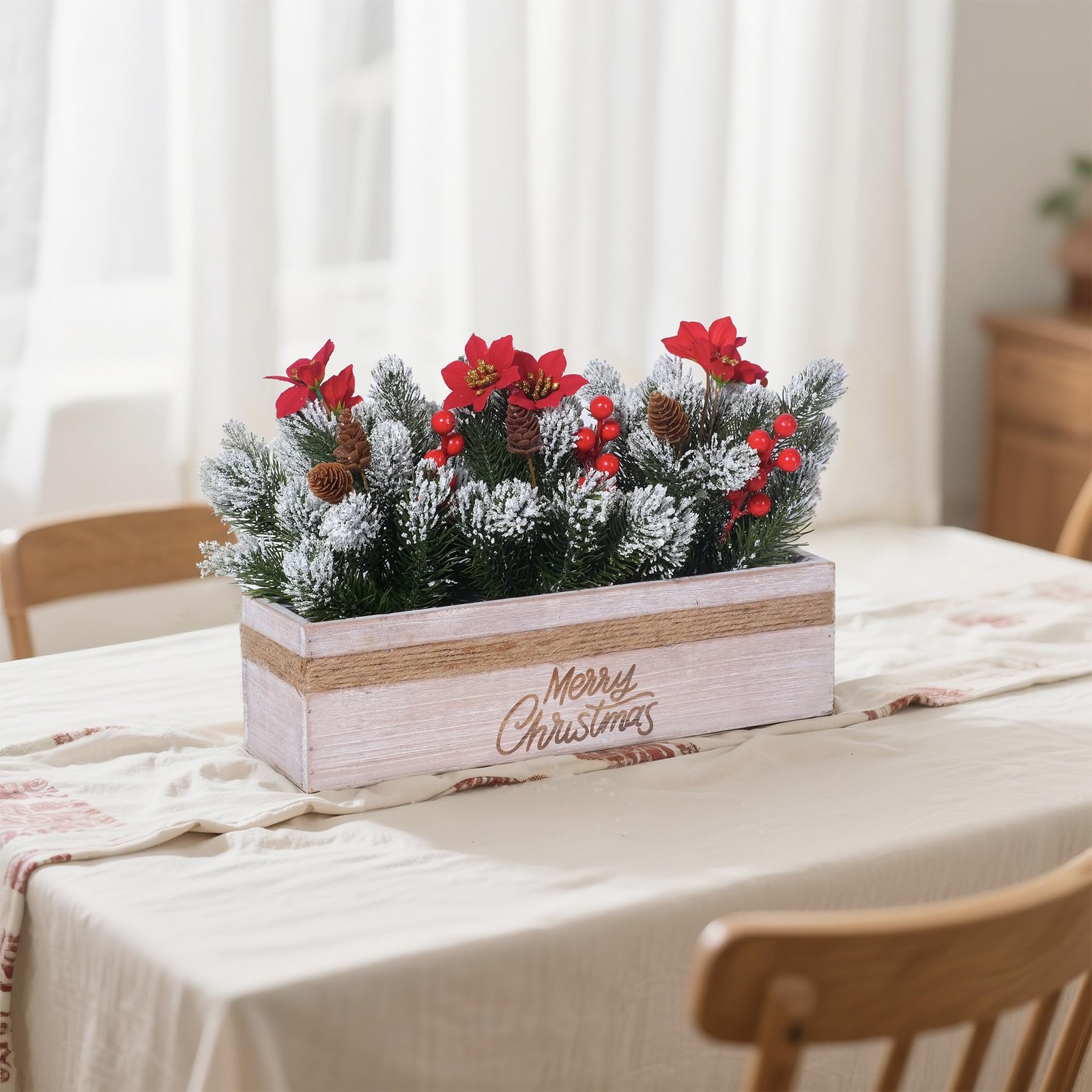 Christmas Table Centerpiece Decorations with Red Poinsettias, Snowy Norfolk P…