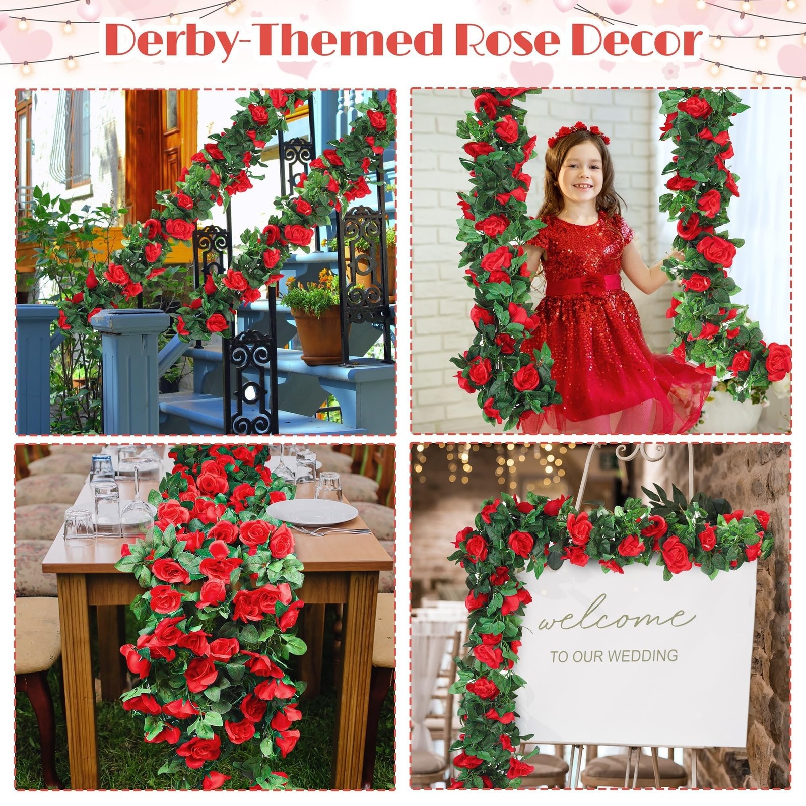 Aneco 8 Pack 64 FT Red Flower Garland Kentucky Artificial Rose Vines Derby