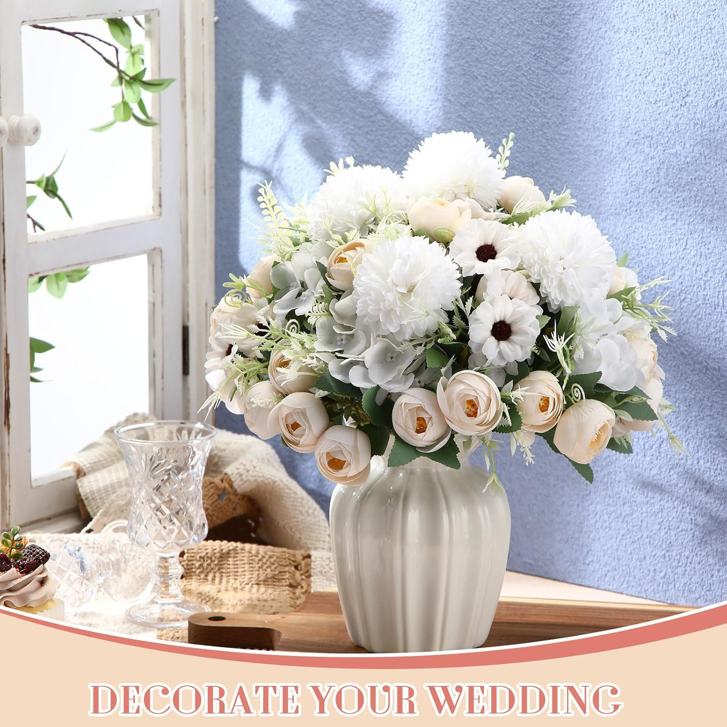 24 Bundles Faux Peonies & Roses Bouquet for Wedding & Home Decor – Champagne Whi