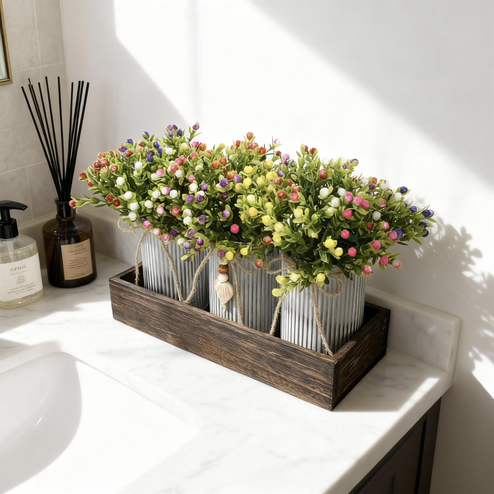 Artificial Milan Flower Bouquet Table Centerpiece 3MetalPot Tray Home Decor
