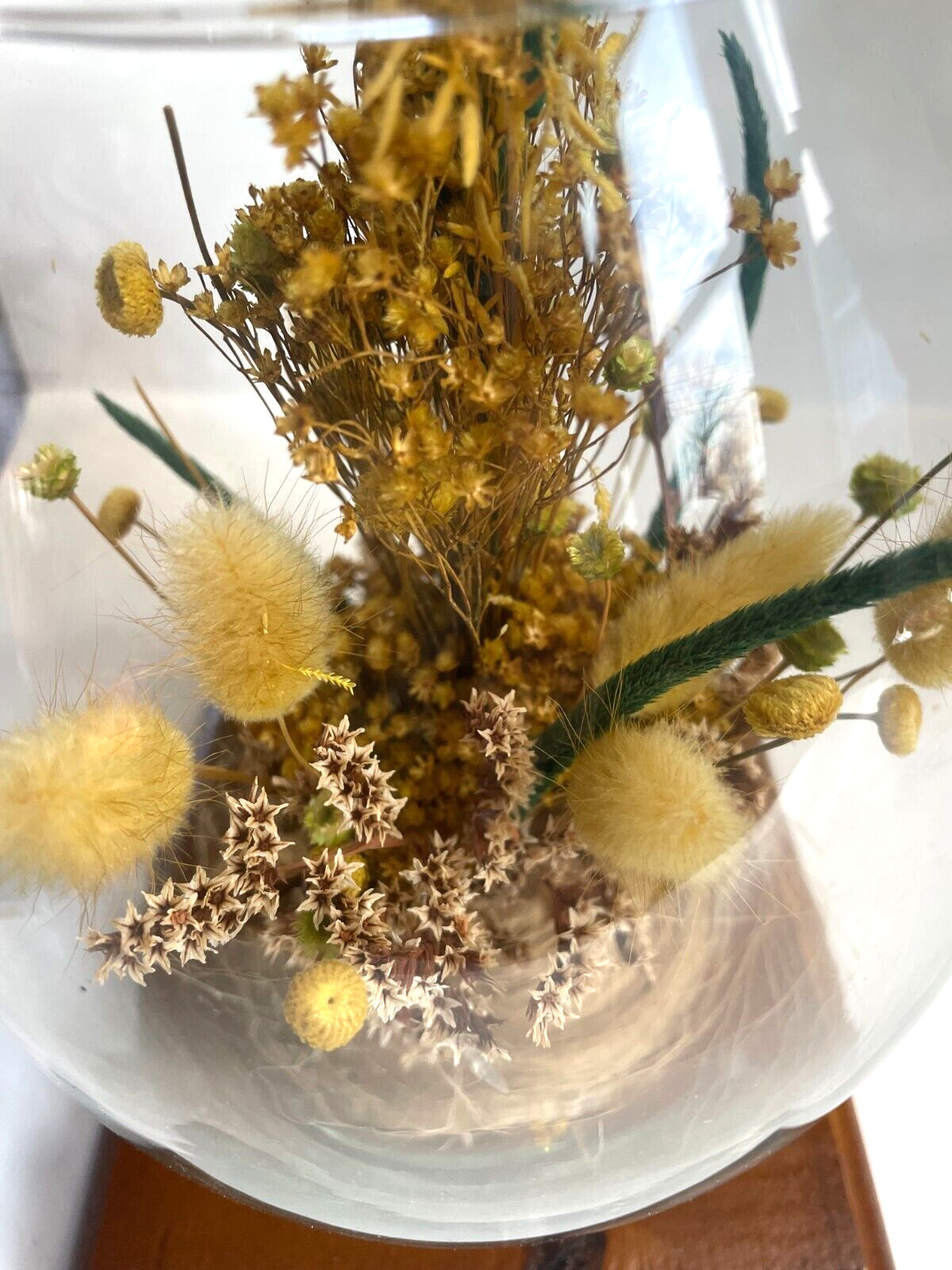 Vintage Glass Egg Terrarium with Dried Yellow Flowers, 1970s, H:10″ by W:5.5″