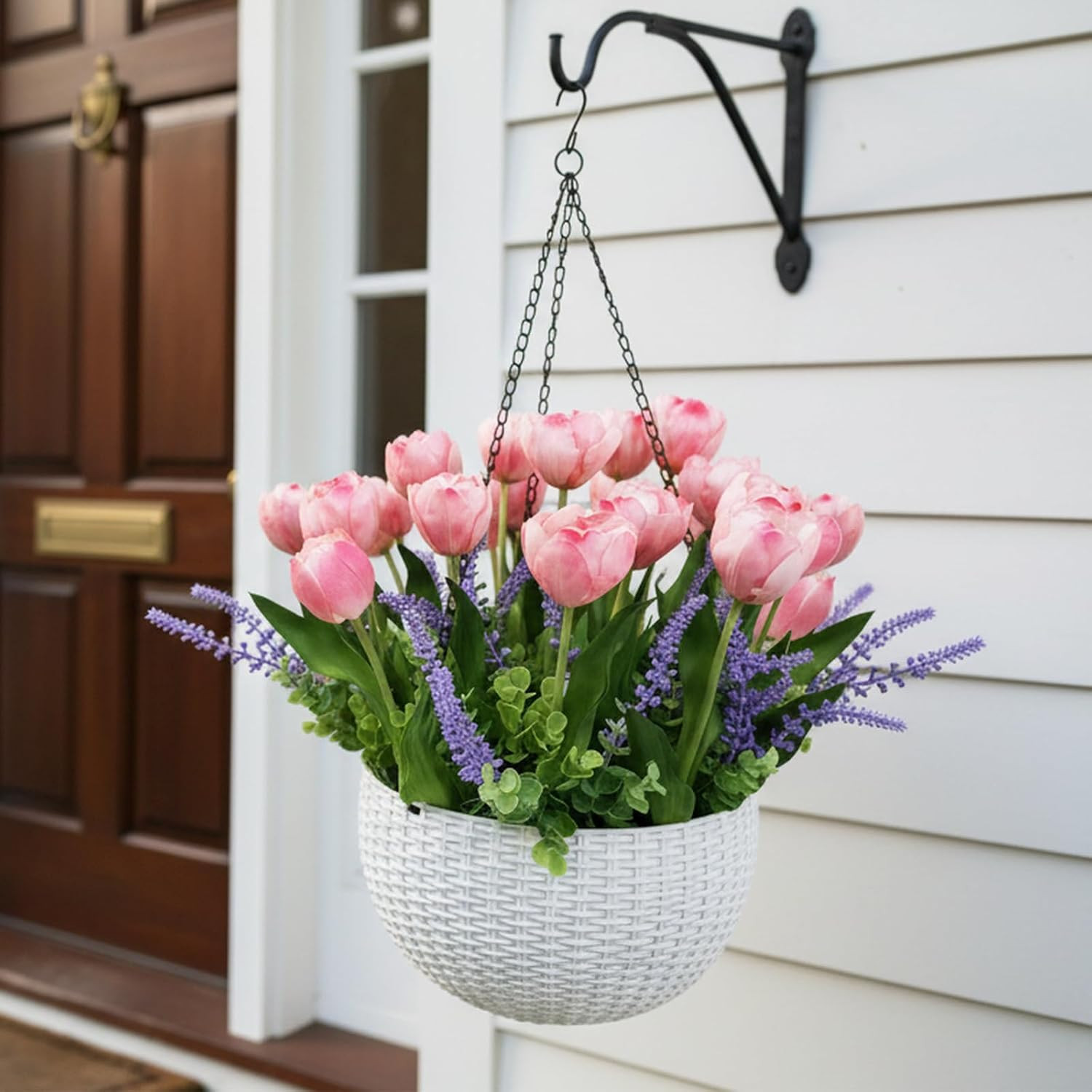 Artificial Tulips Flowers Hanging Basket for Indoor Outdoor, Realistic Pink Fake