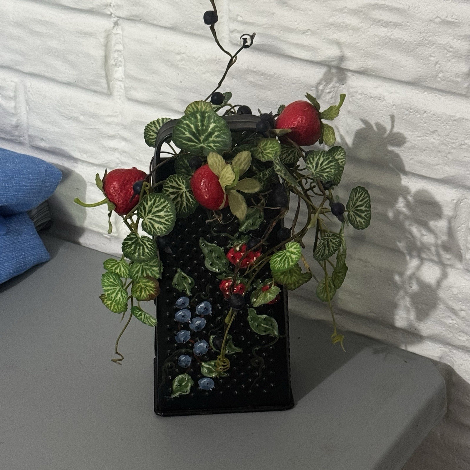 Decorative Cheese Grater Hand Painted Blueberries Strawberries Black Decor