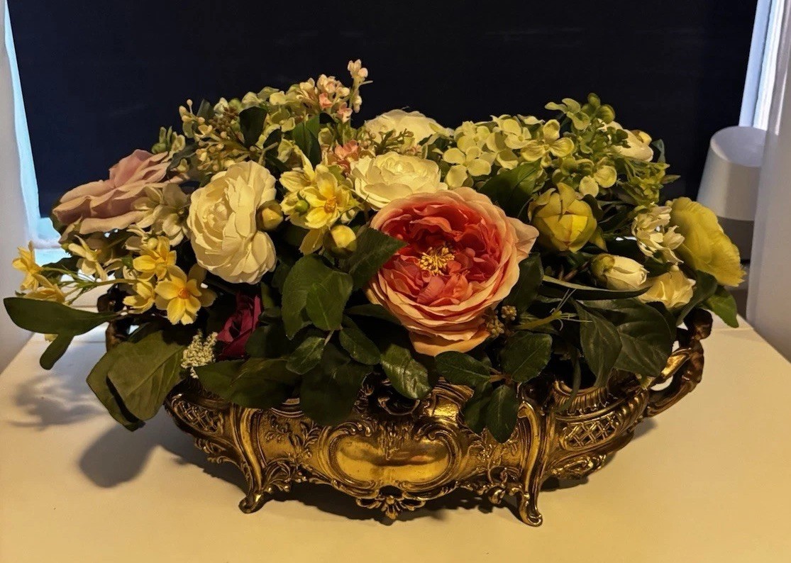 Large Elegant PINKS Flower Arrangement In Antique Brass Victorian Centerpiece
