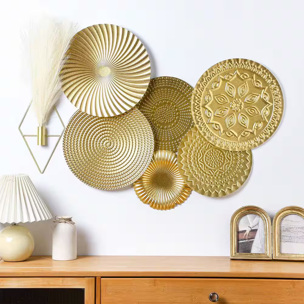9 Pcs Gold Metal Wall Art Set Artificial Plant Modern Boho Pampas Grass Decor fo