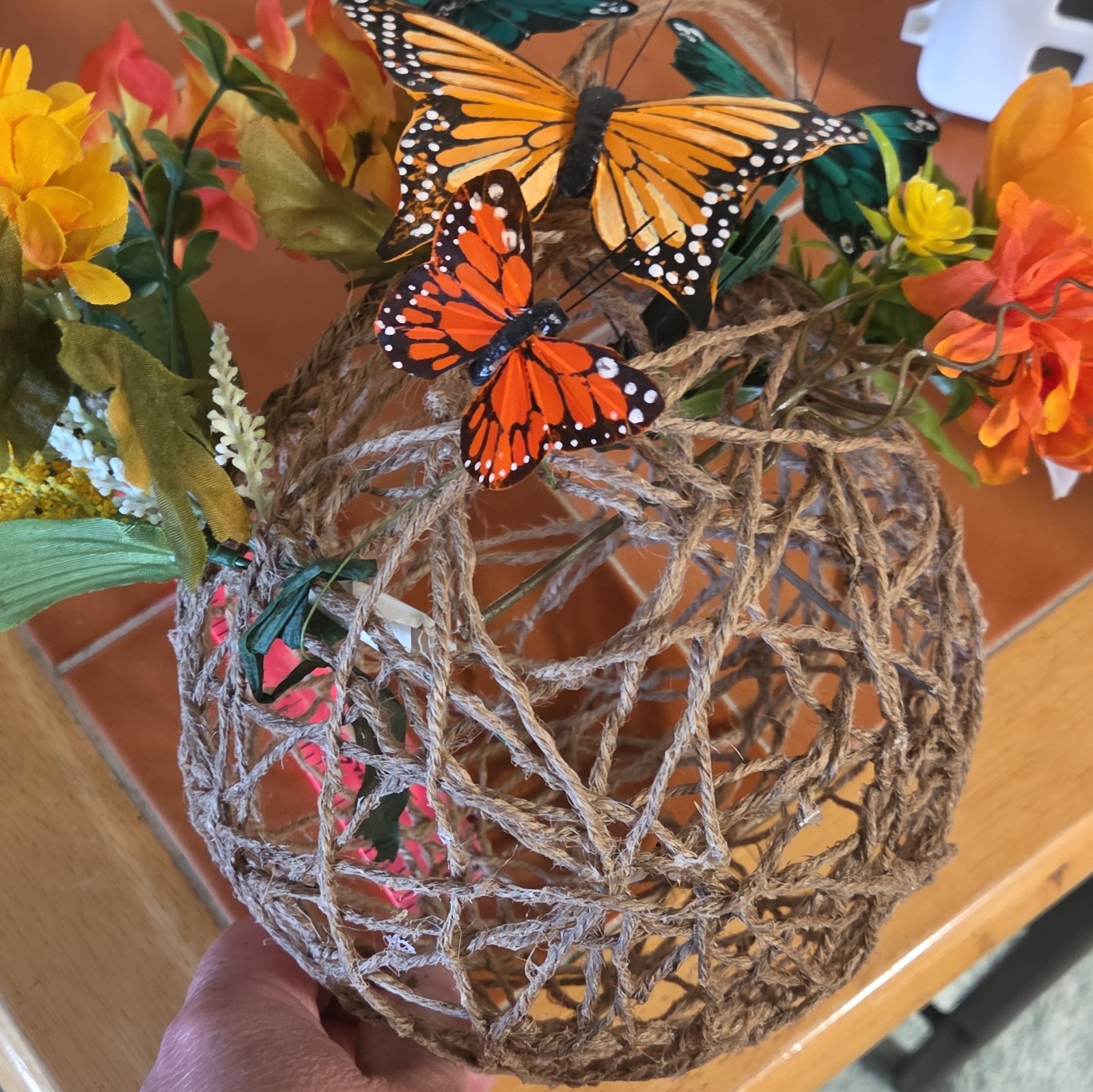 Artificial Twine Decorative Ball Door Decoration w/ Flowers & Butterflies Brown
