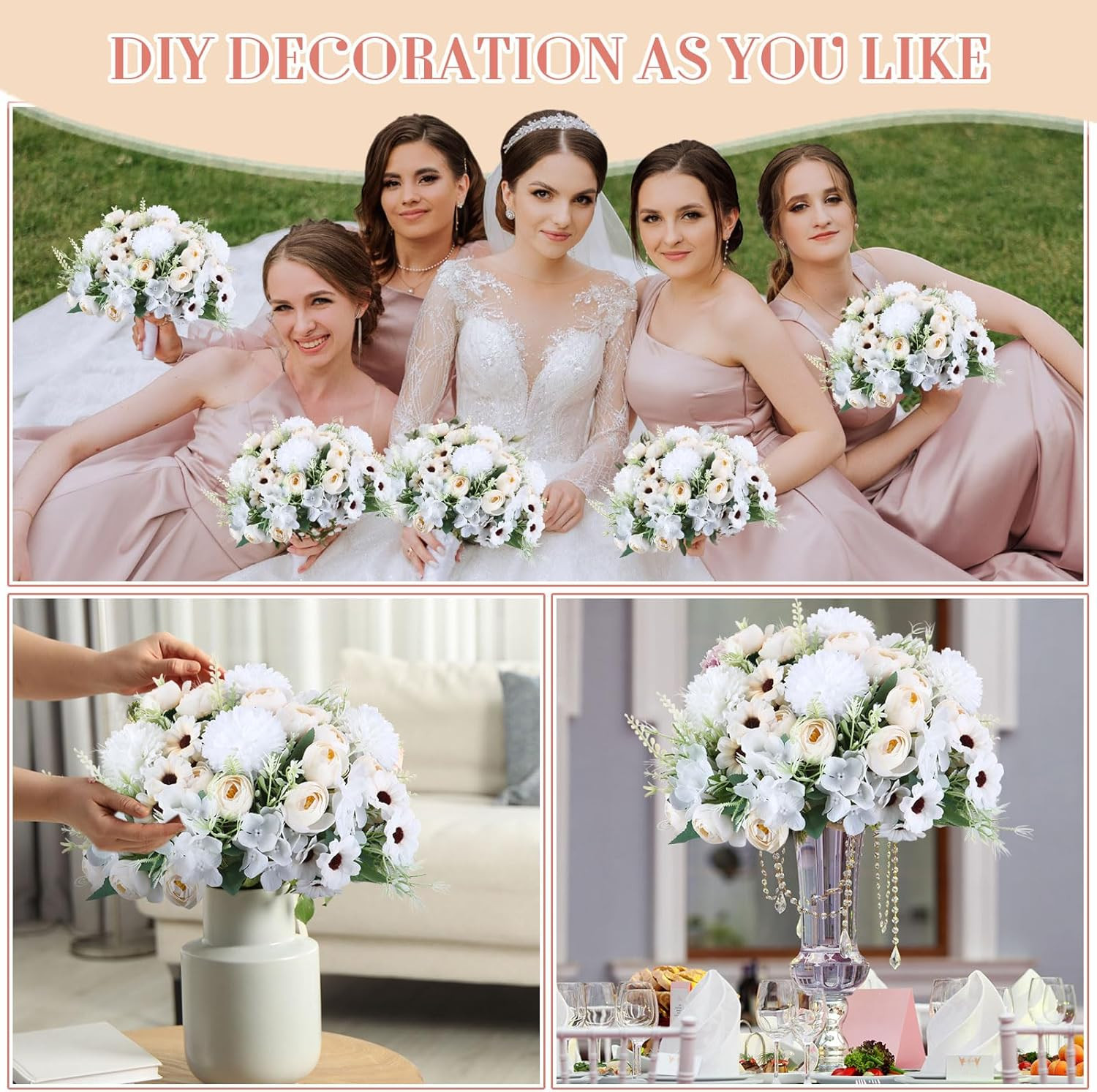 24 Bundles Faux Peonies & Roses Bouquet for Wedding & Home Decor – Champagne Whi