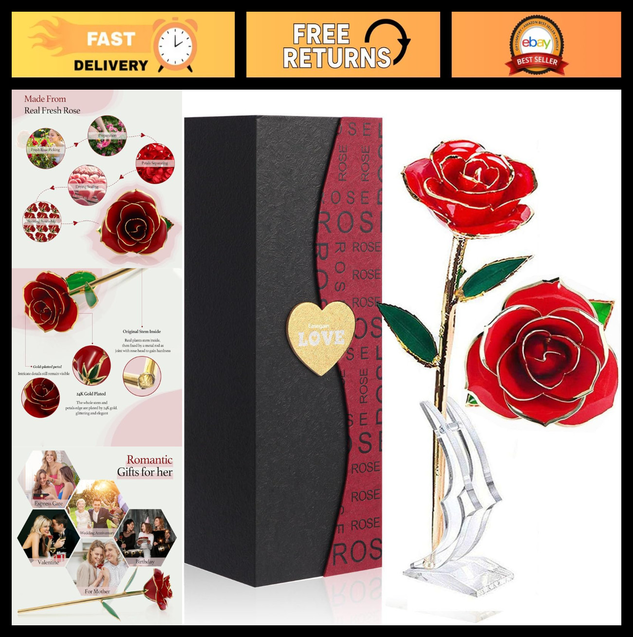 24K Gold Dipped Red Rose – Real Long Stem, Exquisite Holder, Romantic Gift for V