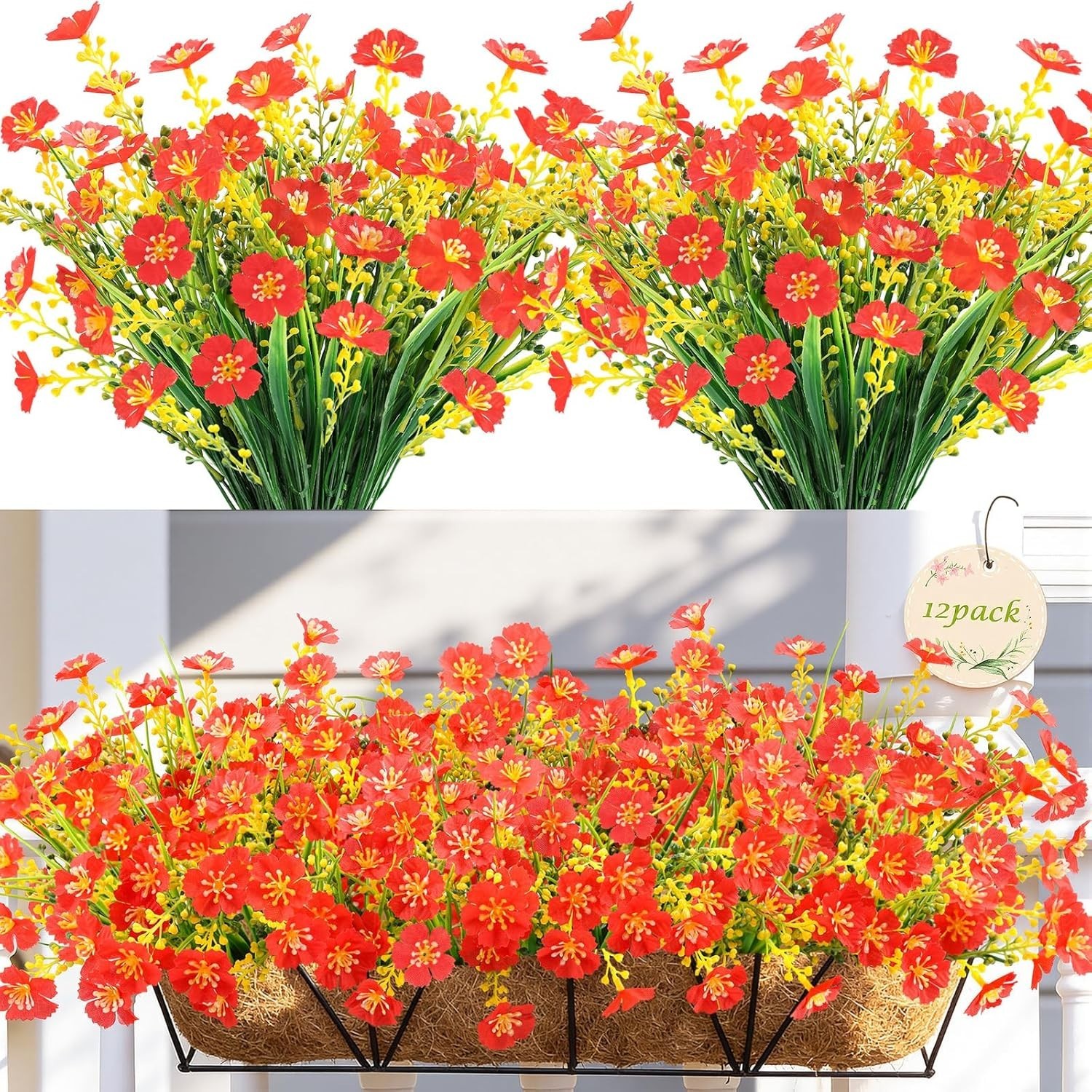 12 Bundles UV Resistant Red Artificial Flowers – Perfect Indoor & Outdoor Decor