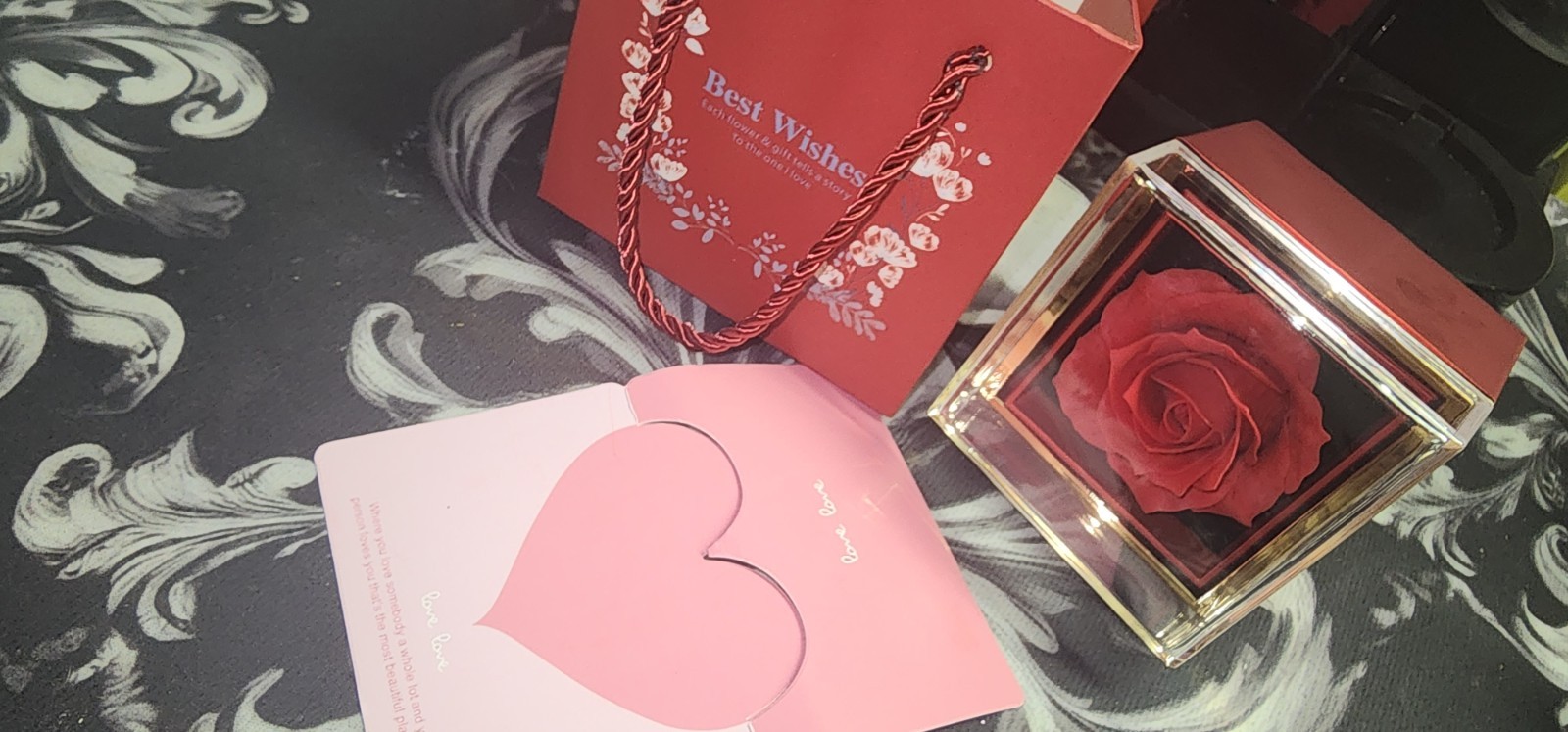 Artificial Red Rose in Clear Display Box w/ Best Wishes Gift Bag & Card