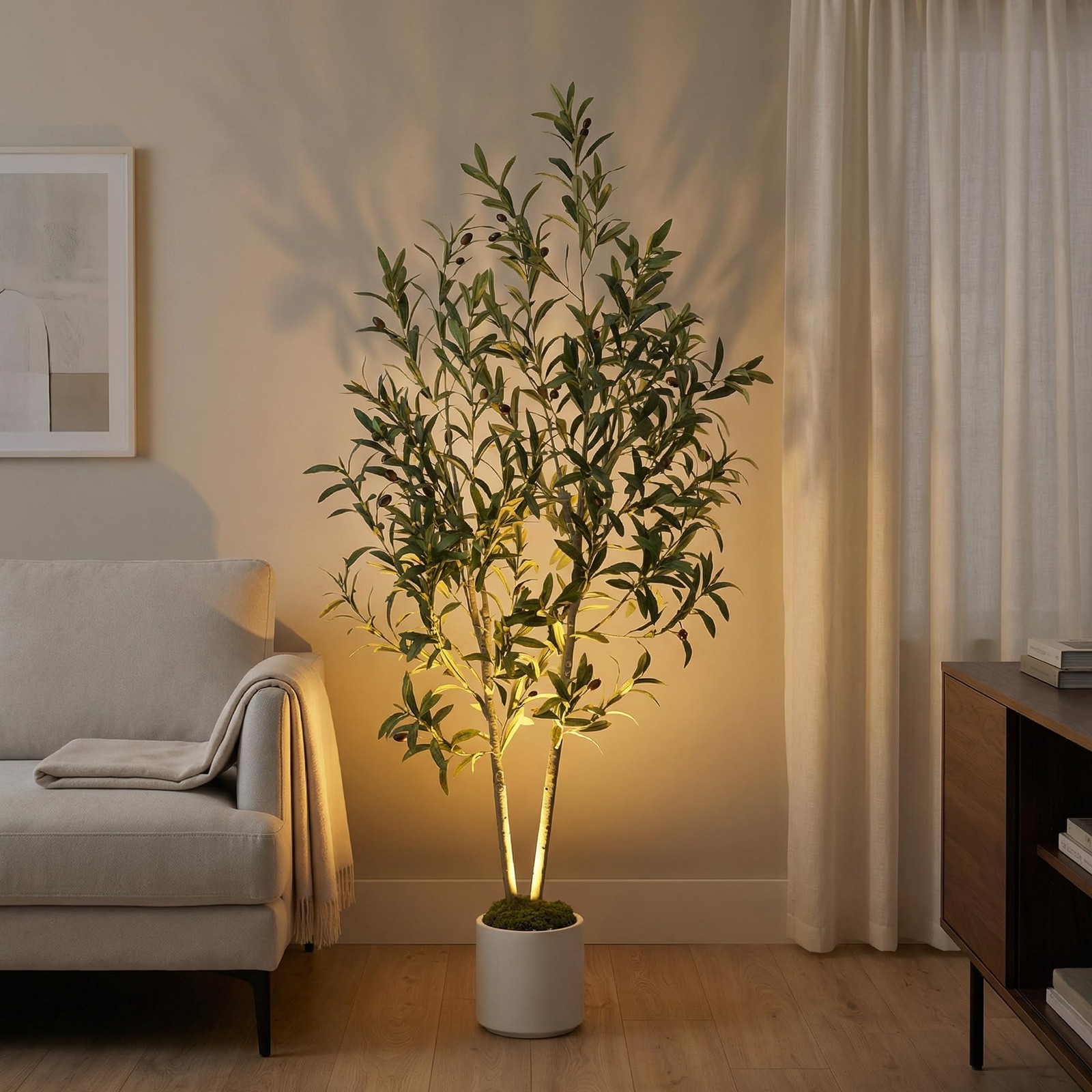 5ft (150 cm) Artificial Olive Tree with White Pot, Moss & USB LED – 711 Leave…