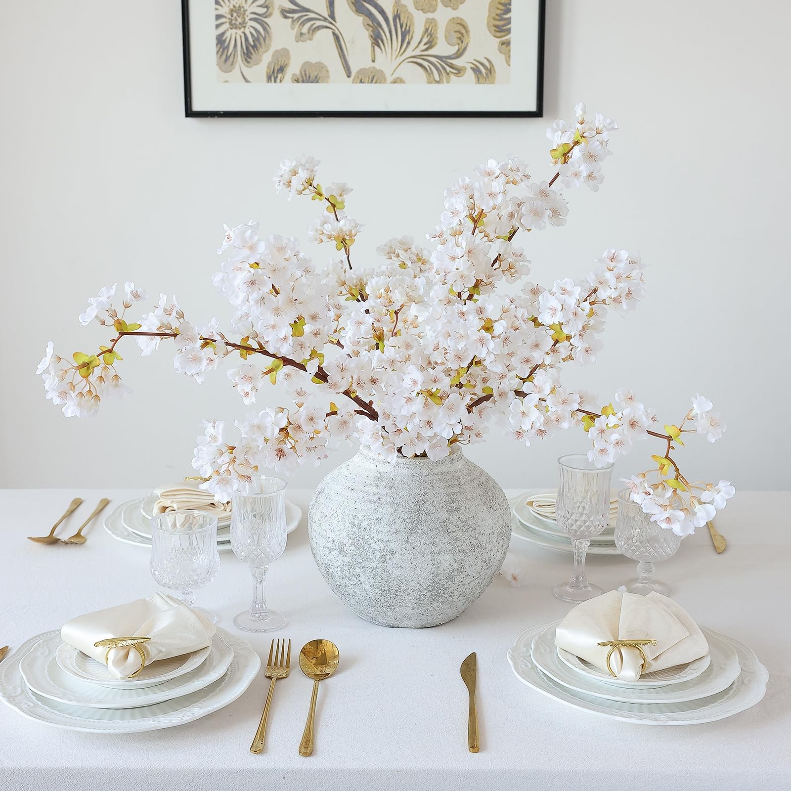 mizii 3Pcs Artificial White Cherry Blossom Branches 40″ Fake Silk Cherry Blos…
