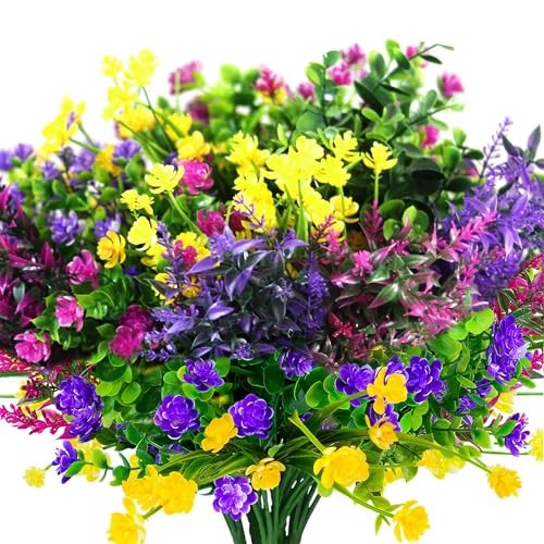 24 Bundles Artificial Fake Flowers Outdoor, 6 Styles UV 24pcs Mixed Color