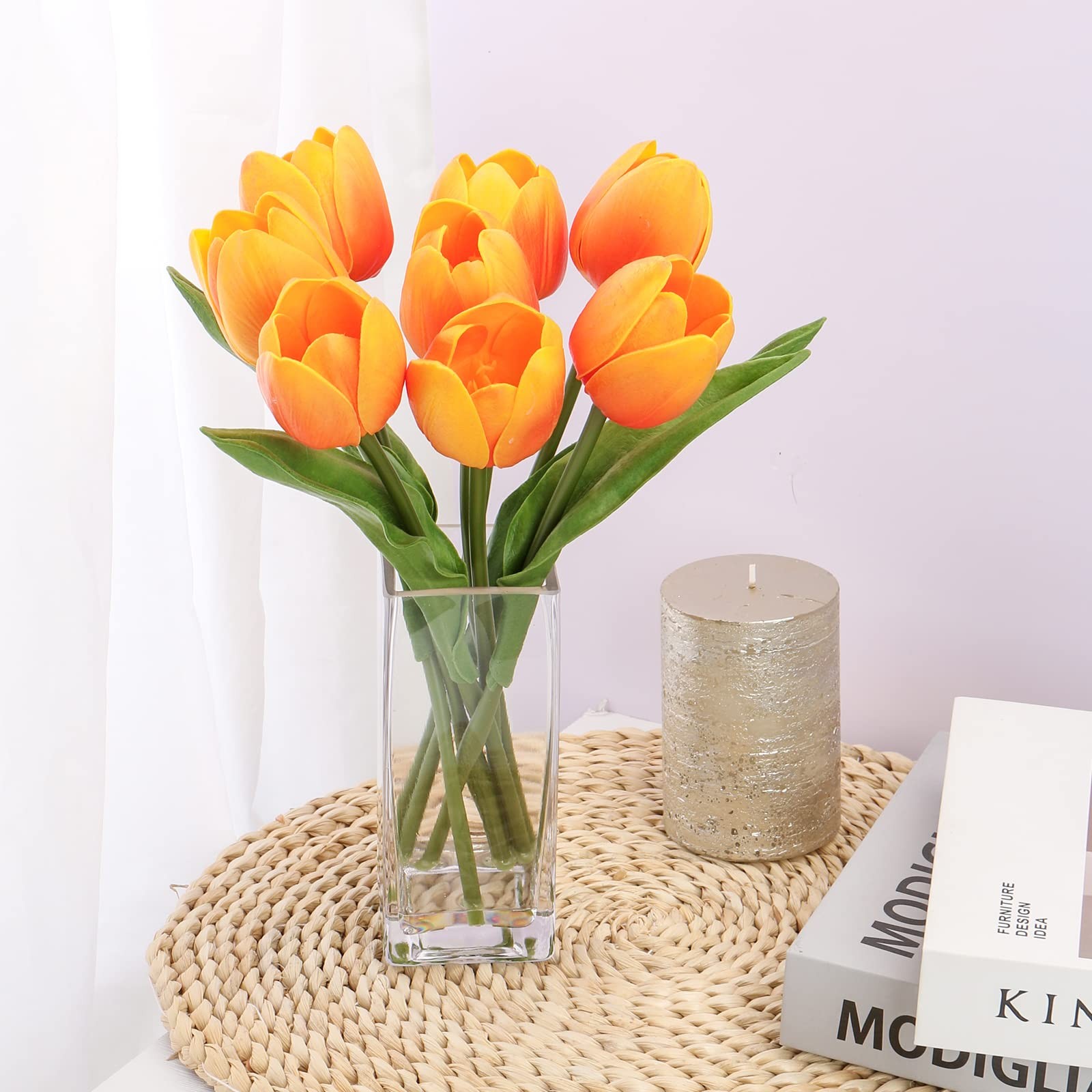Orange Artificial Tulip Fake Flowers Clear Vase Real Touch Arrangement