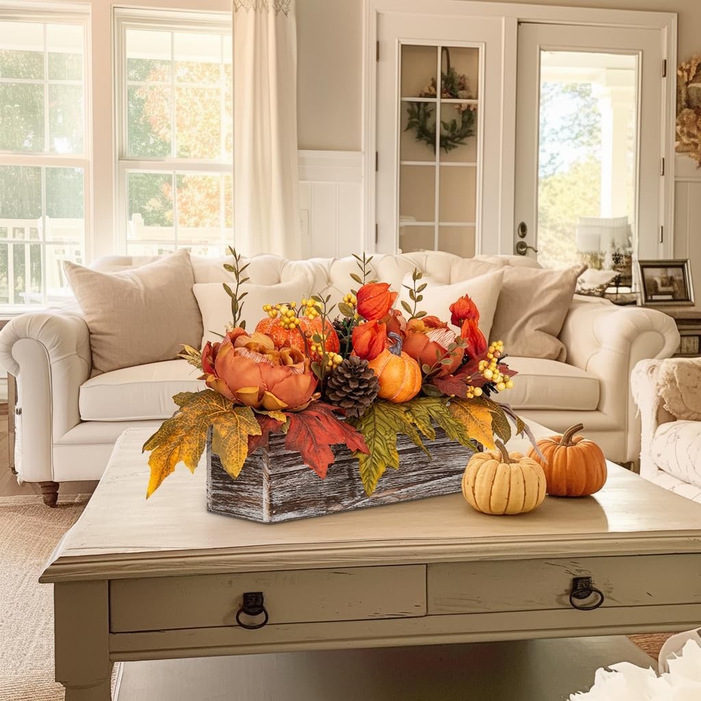 Fall Decor Autumn Harvest Pumpkins Centerpiece – Artificial Peony Maple Leaf and