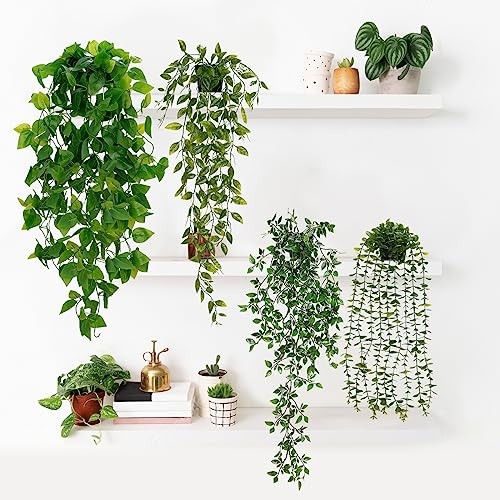 Fake Hanging Plants Artificial Hanging Plant, Faux Hanging 4pcs Mixed Set