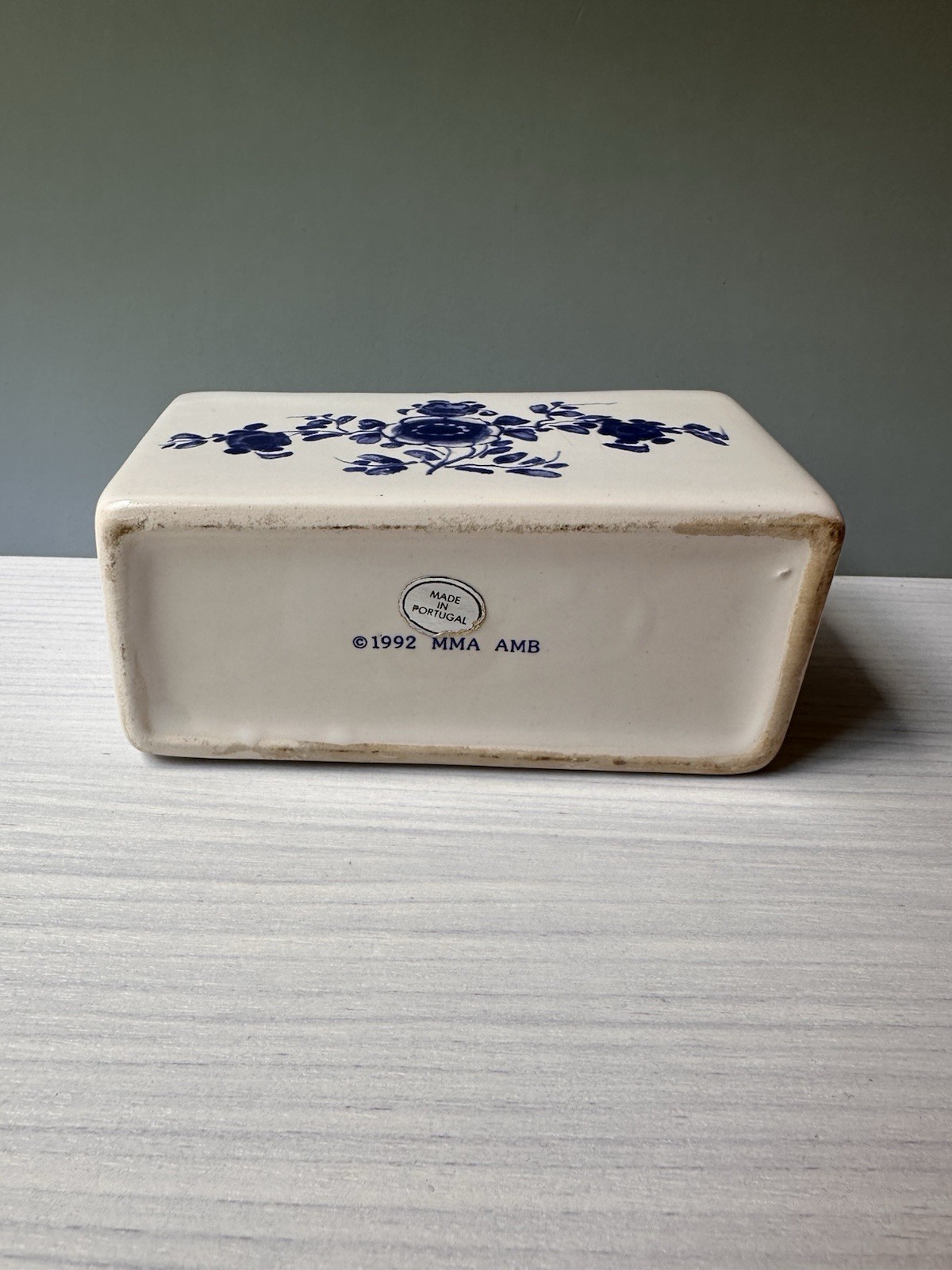Hand Painted Ceramic Blue and White Flower Frog Vase, 1992 Made in Portugal