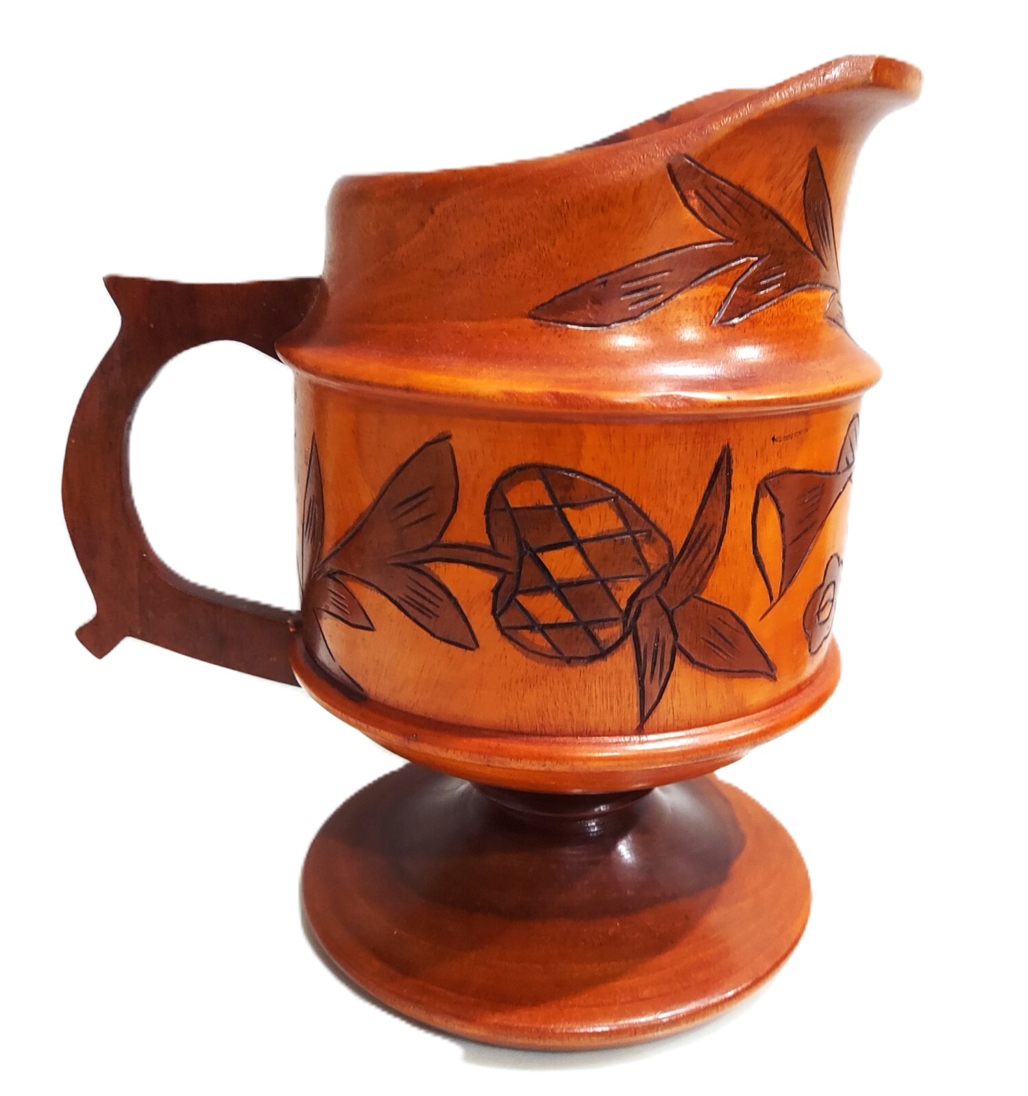 White Peonies in Hand Carved Teak Polynesian Tiki-style Wood Pitcher Arrangement
