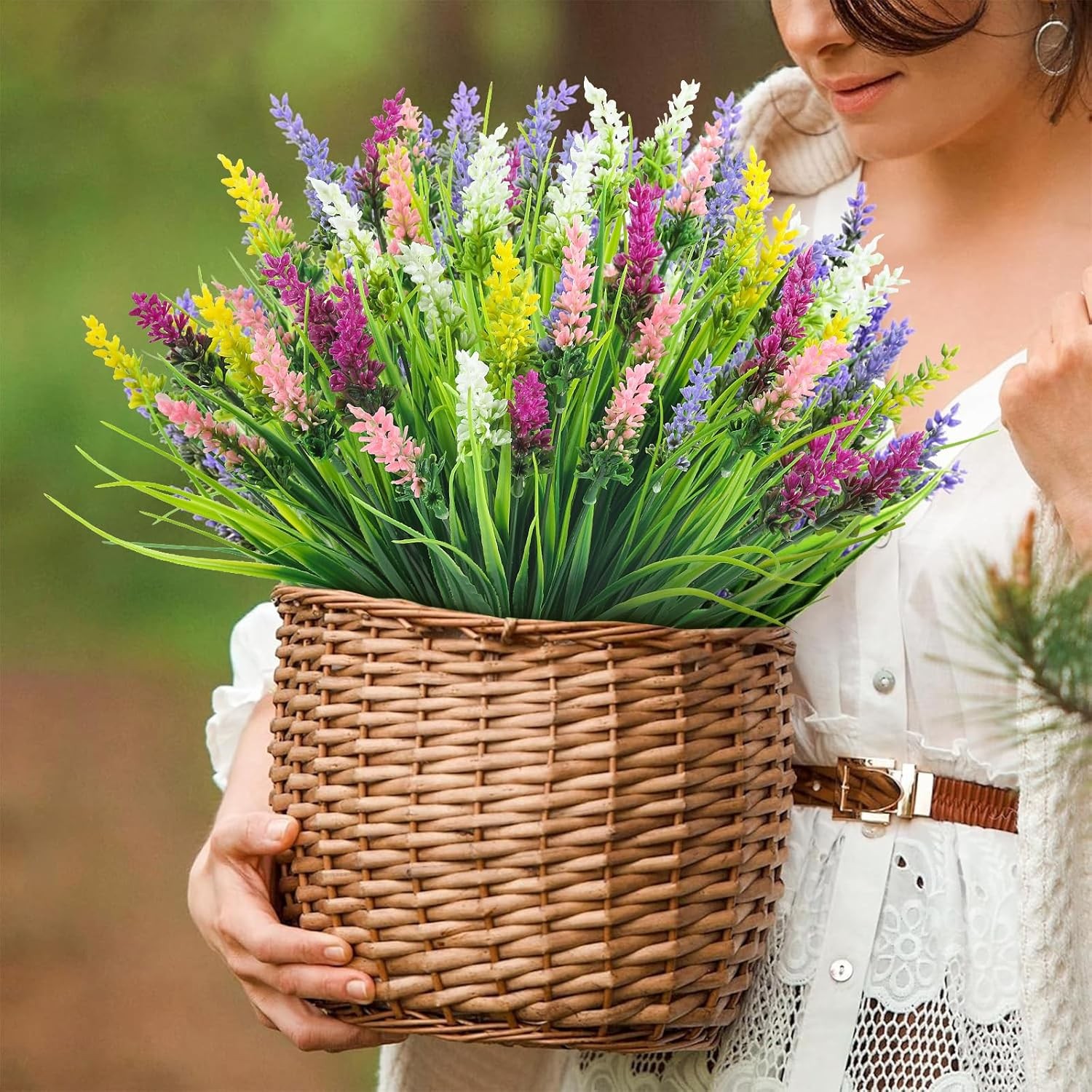 N&T NIETING 10 Bundles Artificial Plants Outdoor Fake Monkey Grass with Flowers