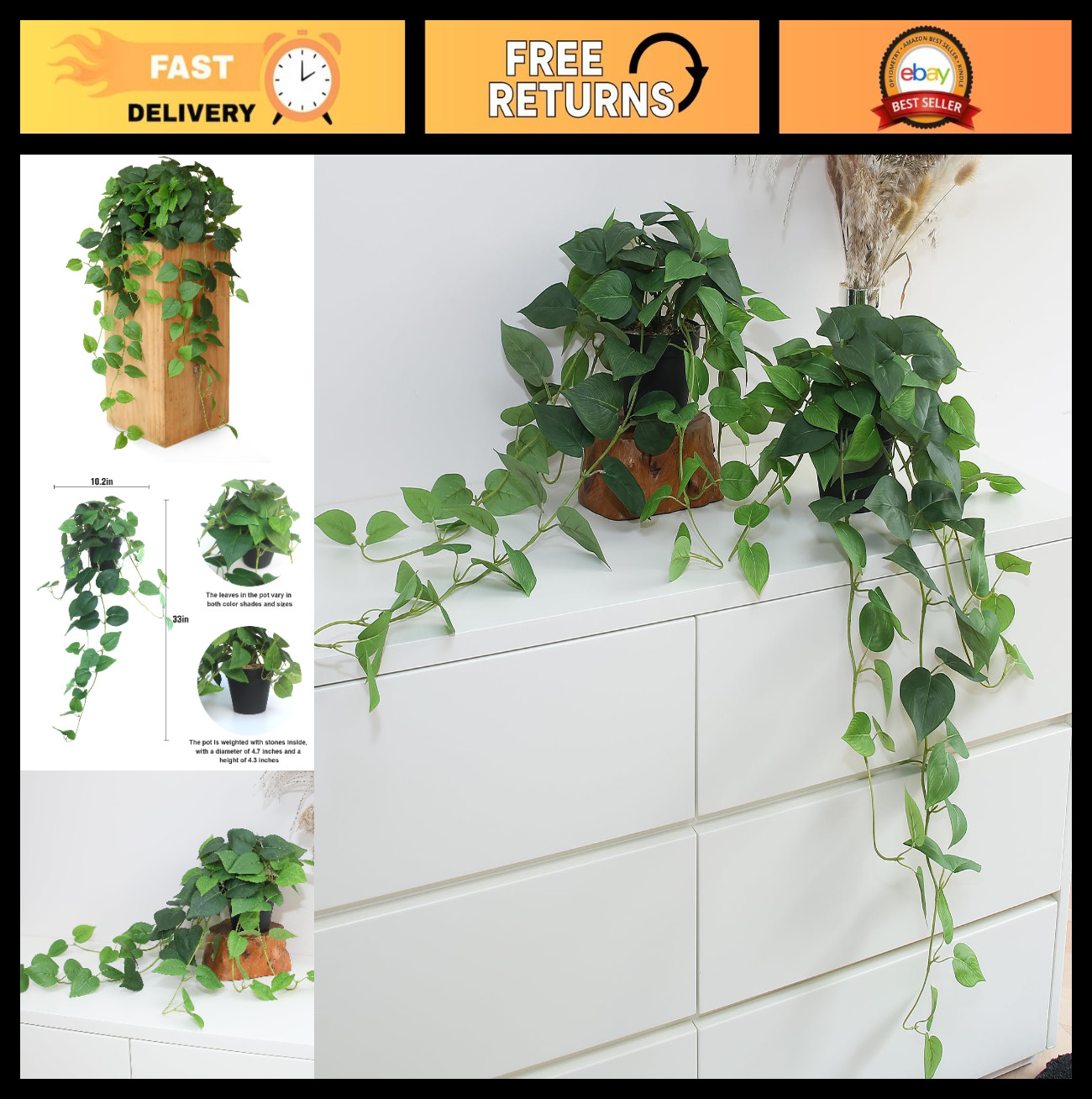 Set of 2 Fake Pothos Hanging Plants – 33″ Faux Ivy Vines with Pots for Indoor Dé