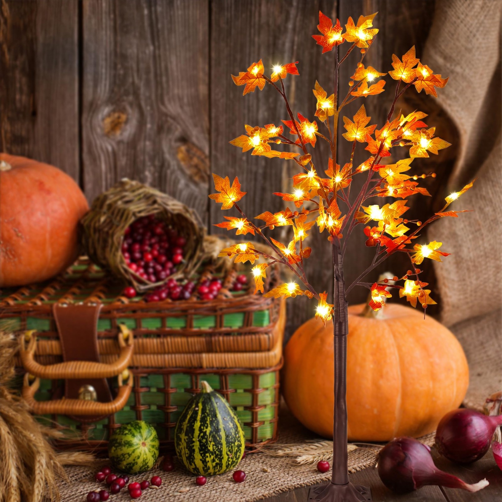 LED Lighted Maple Tree, 4 FT Lighted Artificial Tree for Thanksgiving Harvest…