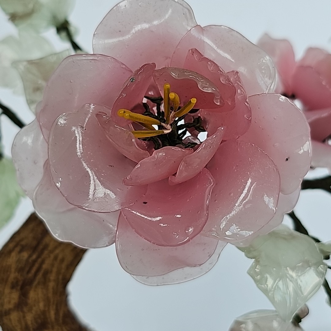 Vintage Chinese Glass Bonsai Tree Pink Cherry Blossom Celadon Pot Chinoiserie