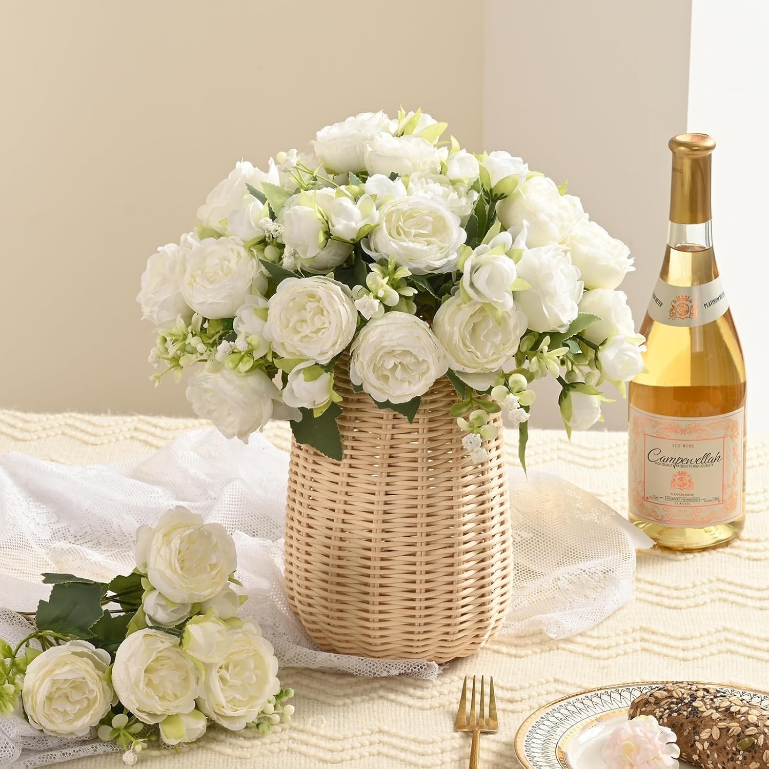 4 Packs White Peonies Silk Bouquet, Artificial Centerpiece Wedding Decor
