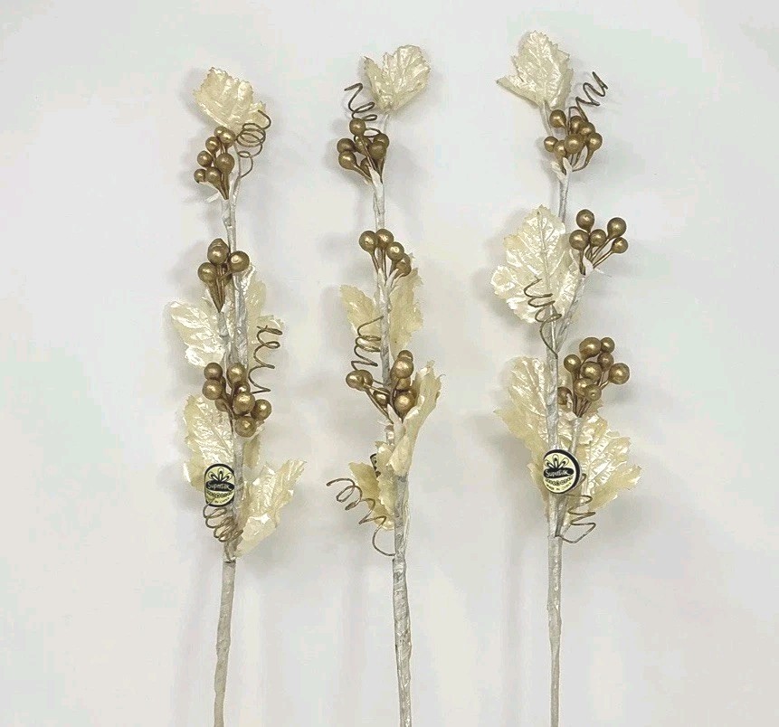 Gold Berry White Leaf Floral Pick 30” Long 3 Picks Christmas Vase Filler NOS